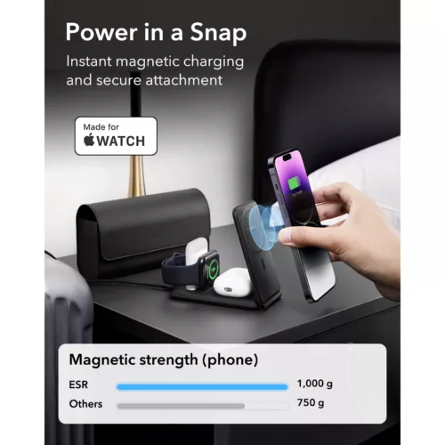 ESR รุ่น HaloLock (Qi2) 3-in-1 Travel Wireless Charging Set - แท่นชาร์จไร้สายแบบพกพา - สี Black