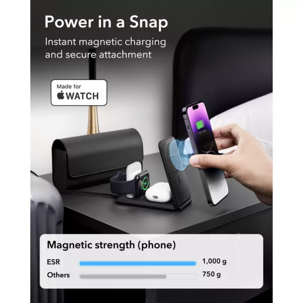 ESR รุ่น HaloLock (Qi2) 3-in-1 Travel Wireless Charging Set - แท่นชาร์จไร้สายแบบพกพา - สี Black