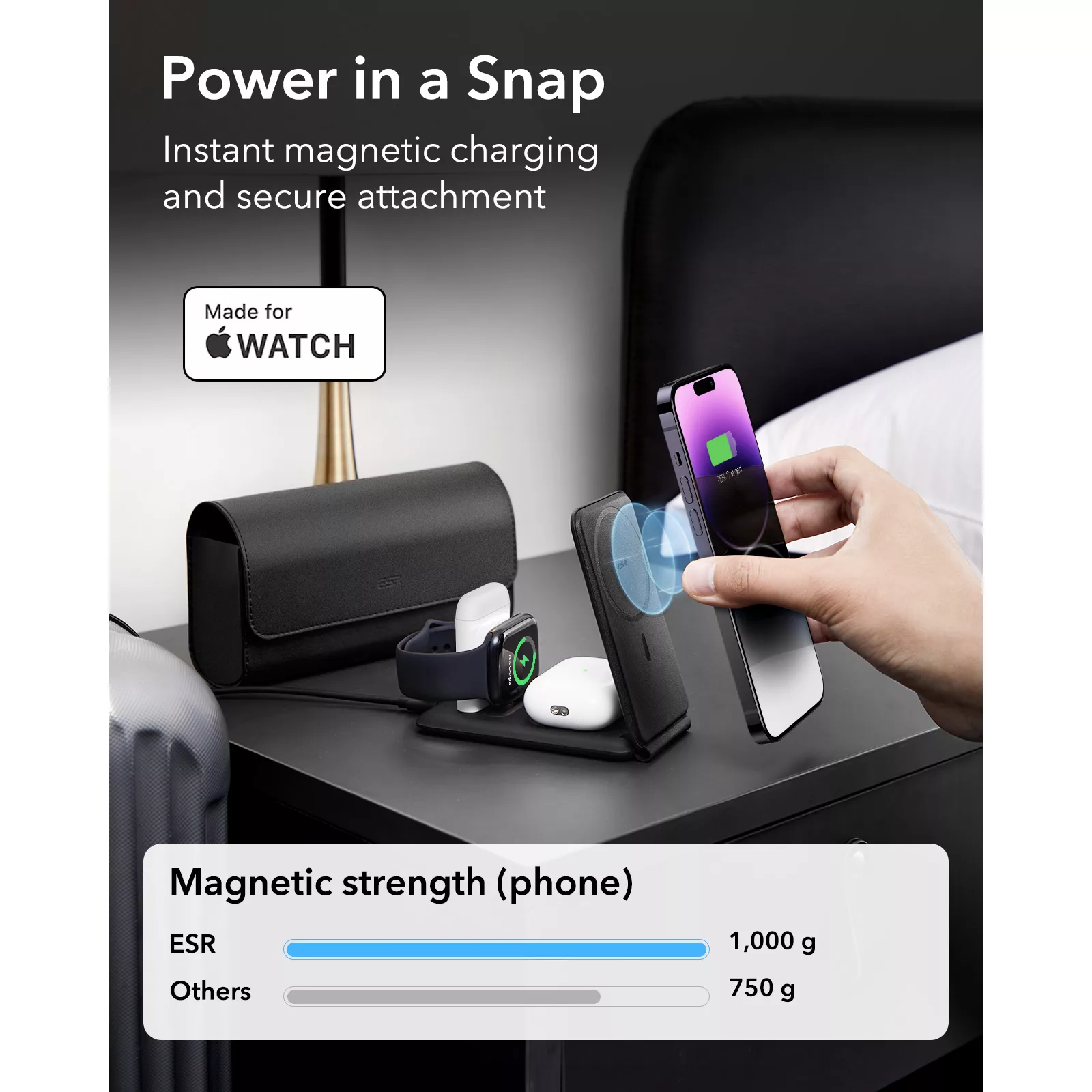 ESR รุ่น HaloLock (Qi2) 3-in-1 Travel Wireless Charging Set - แท่นชาร์จไร้สายแบบพกพา - สี Black