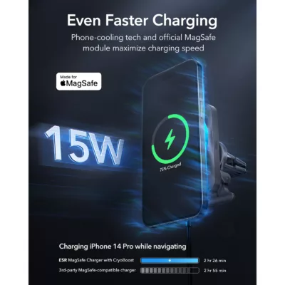 ESR รุ่น Car Charger Made for MagSafe + CryoBoost (15W) - แท่นชาร์จไร้สายในรถ - สี Frosted Silver