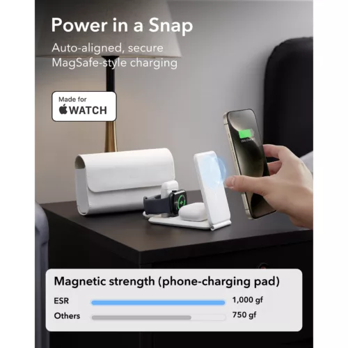 ESR รุ่น HaloLock (Qi2) 3-in-1 Travel Wireless Charging Set - แท่นชาร์จไร้สายแบบพกพา - สี White