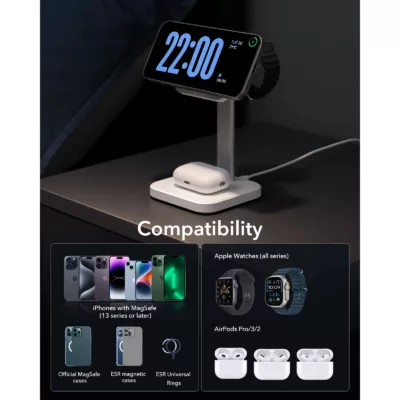 ESR รุ่น HaloLock (Qi2) 3-in-1 Wireless Charging Set - แท่นชาร์จไร้สาย - สี White