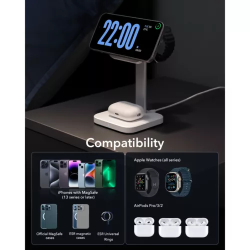 ESR รุ่น HaloLock (Qi2) 3-in-1 Wireless Charging Set - แท่นชาร์จไร้สาย - สี White