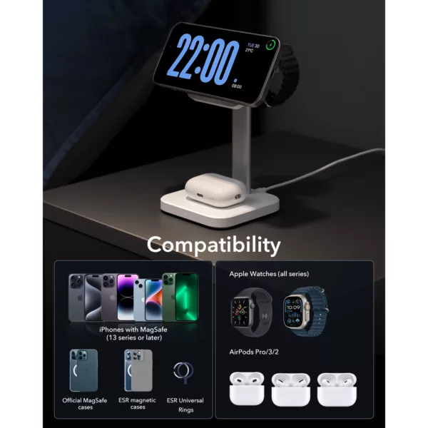 ESR รุ่น HaloLock (Qi2) 3-in-1 Wireless Charging Set - แท่นชาร์จไร้สาย - สี White