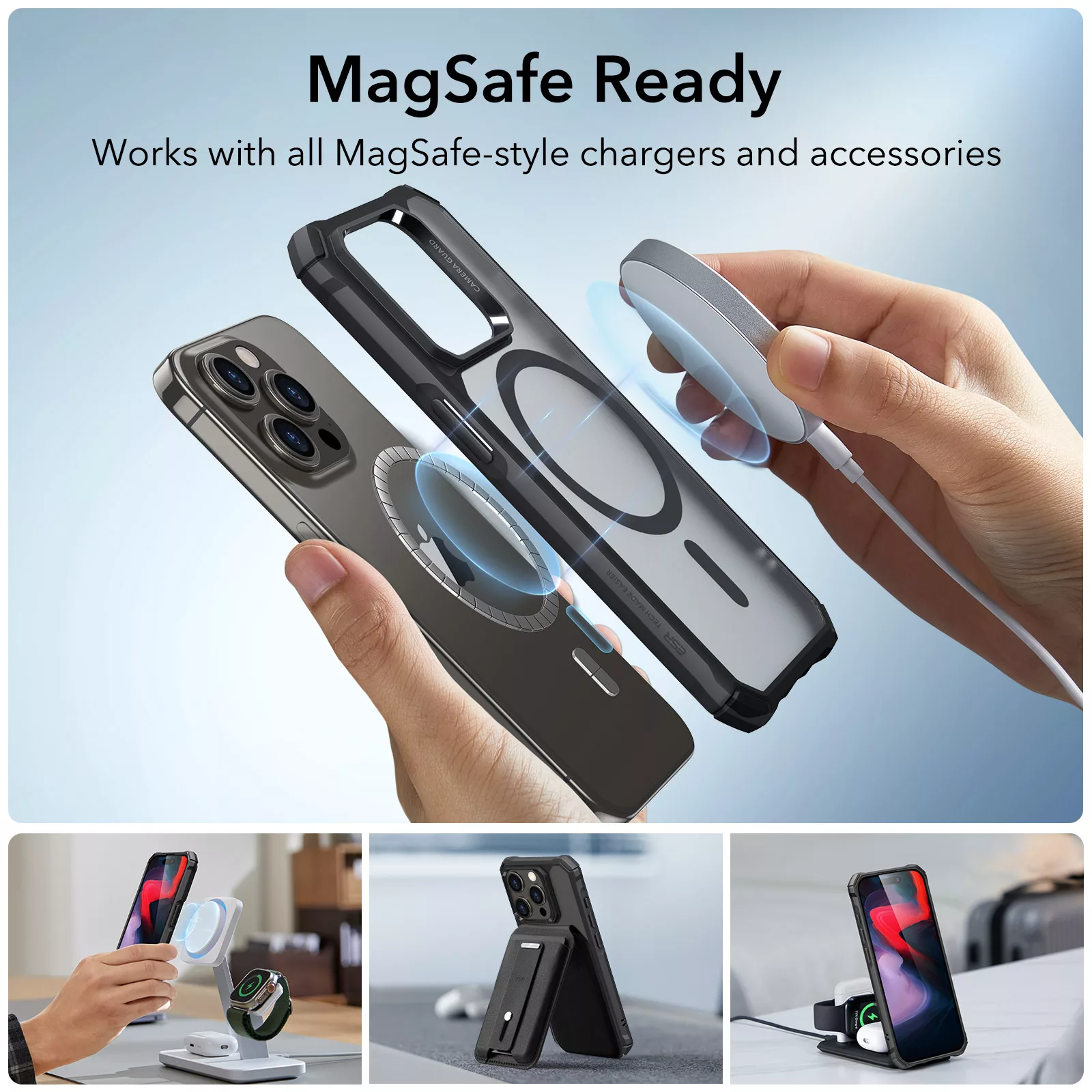 ESR รุ่น Air Armor Clear Case (HaloLock) - เคส iPhone 15 Pro - สี Frosted Black 15 ESR รุ่น Air Armor Clear Case (HaloLock) - เคส iPhone 15 Pro - สี Frosted Black