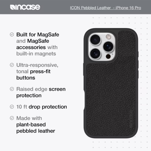 Incase รุ่น Icon Case for Magsafe - เคส iPhone 16 Pro - สี Obsidian Pebbled Plant Leather