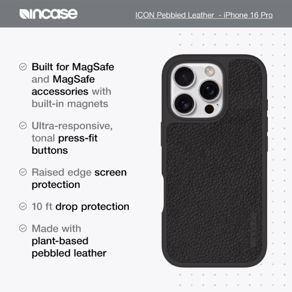 Incase รุ่น Icon Case for Magsafe - เคส iPhone 16 Pro - สี Obsidian Pebbled Plant Leather