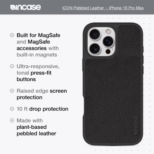 Incase รุ่น Icon Case for Magsafe - เคส iPhone 16 Pro Max - สี Obsidian Pebbled Plant Leather