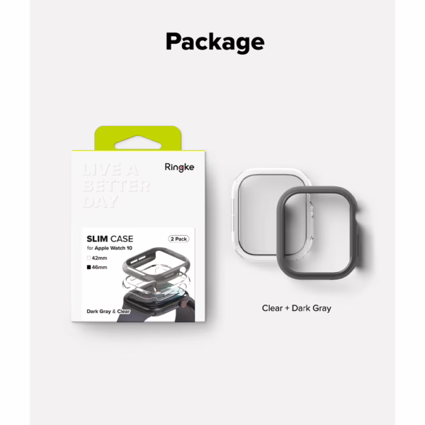 Ringke รุ่น Slim - เคส Apple Watch 10 (46mm) - สี Clear (1P) + สี Dark Gray (1P) (แพ็ค 2 ชิ้น)