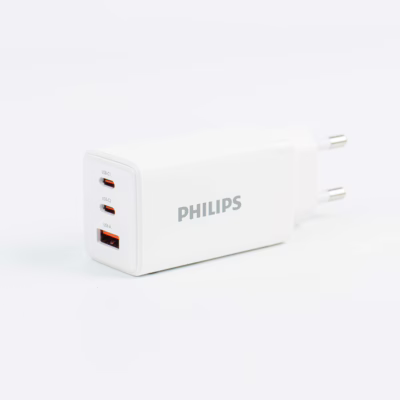 Philips หัวชาร์จ รุ่น PD65W อะแดปเตอร์ 3 พอร์ต ชาร์จไว PD QC 3.0 GaN - สี White