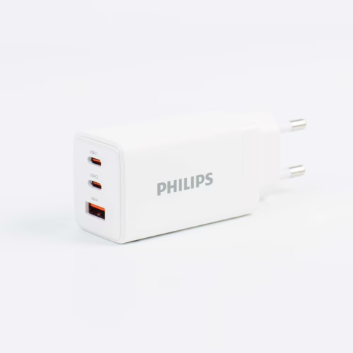 Philips หัวชาร์จ รุ่น PD65W อะแดปเตอร์ 3 พอร์ต ชาร์จไว PD QC 3.0 GaN - สี White