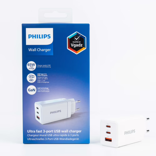 Philips หัวชาร์จ รุ่น PD65W อะแดปเตอร์ 3 พอร์ต ชาร์จไว PD QC 3.0 GaN - สี White