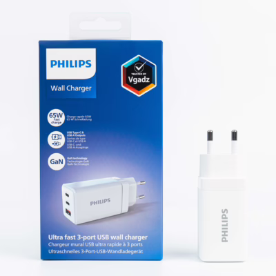 Philips หัวชาร์จ รุ่น PD65W อะแดปเตอร์ 3 พอร์ต ชาร์จไว PD QC 3.0 GaN - สี White