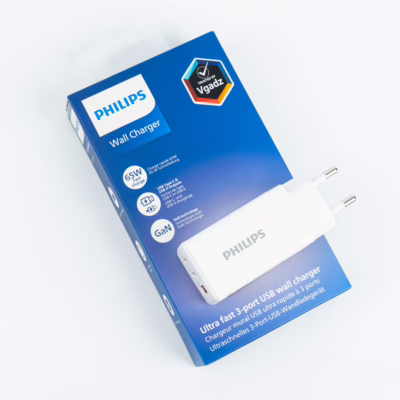 Philips หัวชาร์จ รุ่น PD65W อะแดปเตอร์ 3 พอร์ต ชาร์จไว PD QC 3.0 GaN - สี White