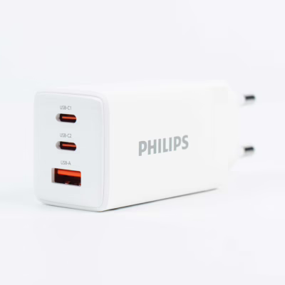 Philips หัวชาร์จ รุ่น PD65W อะแดปเตอร์ 3 พอร์ต ชาร์จไว PD QC 3.0 GaN - สี White