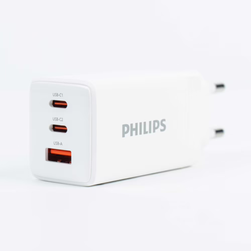 Philips หัวชาร์จ รุ่น PD65W อะแดปเตอร์ 3 พอร์ต ชาร์จไว PD QC 3.0 GaN - สี White