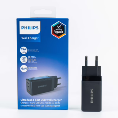 Philips หัวชาร์จ รุ่น PD65W อะแดปเตอร์ 3 พอร์ต ชาร์จไว PD QC 3.0 GaN - สี Black