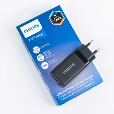 Philips หัวชาร์จ รุ่น PD65W อะแดปเตอร์ 3 พอร์ต ชาร์จไว PD QC 3.0 GaN - สี Black
