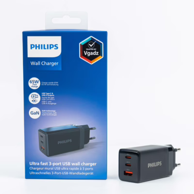 Philips หัวชาร์จ รุ่น PD65W อะแดปเตอร์ 3 พอร์ต ชาร์จไว PD QC 3.0 GaN - สี Black