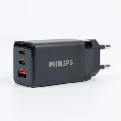 Philips หัวชาร์จ รุ่น PD65W อะแดปเตอร์ 3 พอร์ต ชาร์จไว PD QC 3.0 GaN - สี Black
