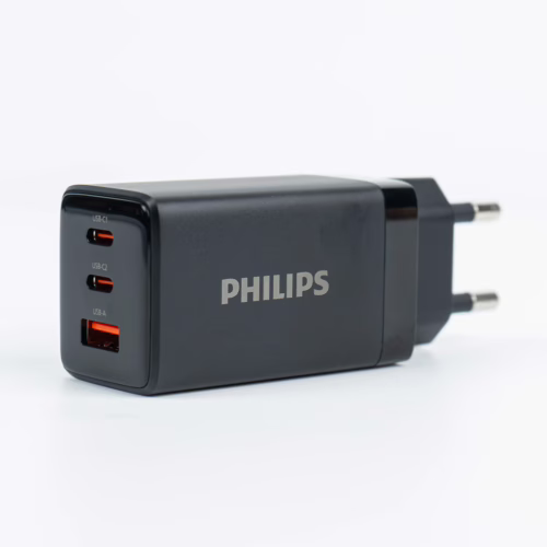 Philips หัวชาร์จ รุ่น PD65W อะแดปเตอร์ 3 พอร์ต ชาร์จไว PD QC 3.0 GaN - สี Black