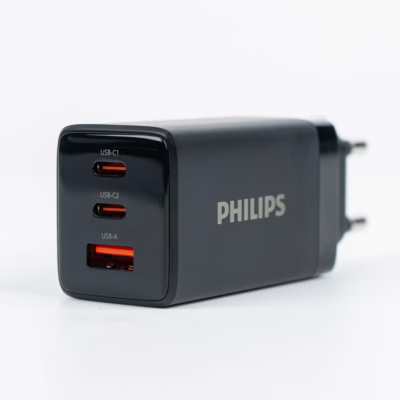 Philips หัวชาร์จ รุ่น PD65W อะแดปเตอร์ 3 พอร์ต ชาร์จไว PD QC 3.0 GaN - สี Black