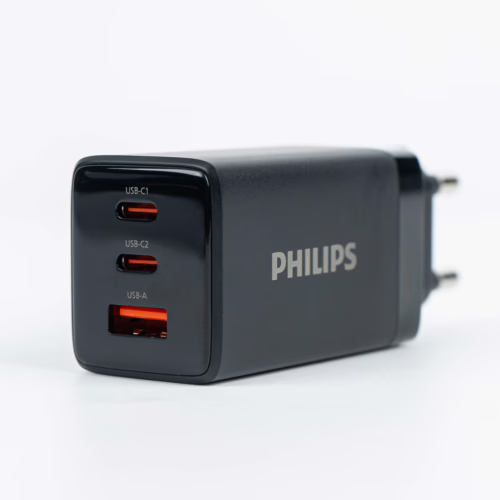 Philips หัวชาร์จ รุ่น PD65W อะแดปเตอร์ 3 พอร์ต ชาร์จไว PD QC 3.0 GaN - สี Black