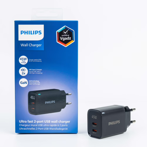 Philips หัวชาร์จ รุ่น PD45W อะแดปเตอร์ 2 พอร์ต GaN - สี Black