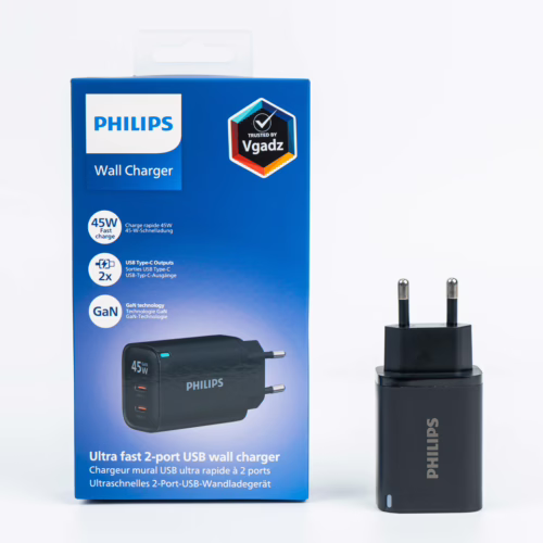 Philips หัวชาร์จ รุ่น PD45W อะแดปเตอร์ 2 พอร์ต GaN - สี Black