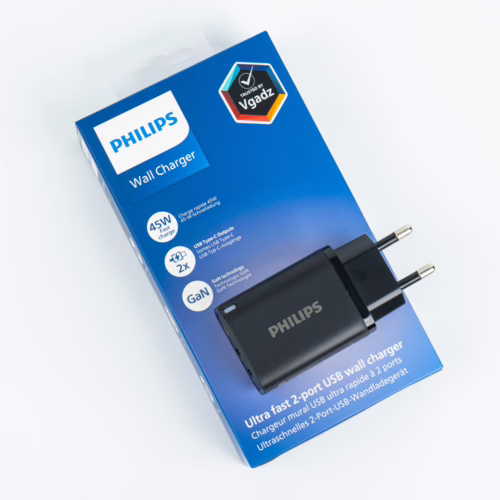 Philips หัวชาร์จ รุ่น PD45W อะแดปเตอร์ 2 พอร์ต GaN - สี Black