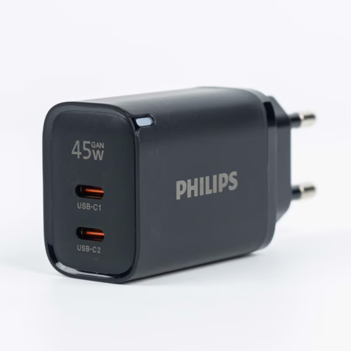 Philips หัวชาร์จ รุ่น PD45W อะแดปเตอร์ 2 พอร์ต GaN - สี Black