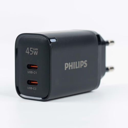 Philips หัวชาร์จ รุ่น PD45W อะแดปเตอร์ 2 พอร์ต GaN - สี Black