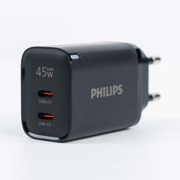 Philips หัวชาร์จ รุ่น PD45W อะแดปเตอร์ 2 พอร์ต GaN - สี Black