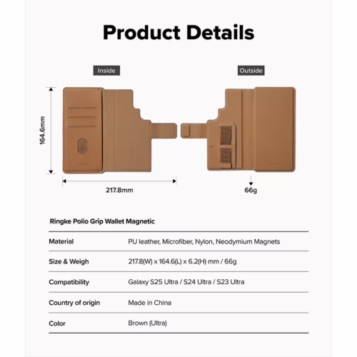 Ringke รุ่น Folio Grip Wallet Magnetic - เคส Galaxy S25 Ultra / S24 Ultra / S23 Ultra - สี Brown