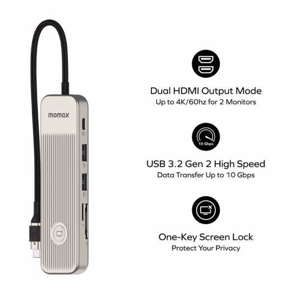 อุปกรณ์เชื่อมต่อ Momax รุ่น One-Link Hub 9-in-1 USB-C PD to Dual HDMI - สี Titanium