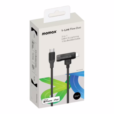 Momax สายชาร์จ รุ่น 1-Link Flow Duo 2-in-1 ชาร์จไว 60W PD USB-C to C + Lightning (ยาว 1.5m) - สี Black