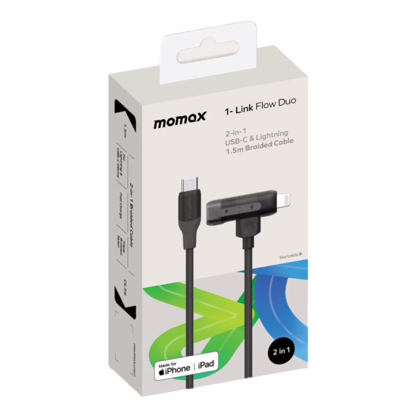 Momax สายชาร์จ รุ่น 1-Link Flow Duo 2-in-1 ชาร์จไว 60W PD USB-C to C + Lightning (ยาว 1.5m) - สี Black