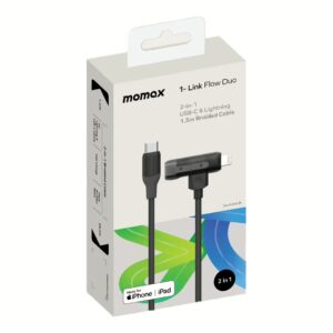 Momax สายชาร์จ รุ่น 1-Link Flow Duo 2-in-1 ชาร์จไว 60W PD USB-C to C + Lightning (ยาว 1.5m) - สี Black