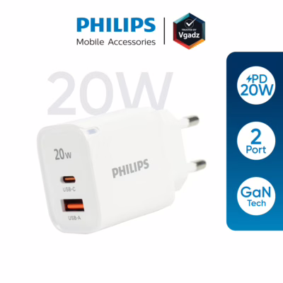 Philips หัวชาร์จ รุ่น PD20W อะแดปเตอร์ 2 พอร์ต - สี White