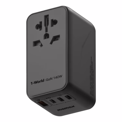 Momax หัวชาร์จ+หัวแปลงปลั๊กไฟ รุ่น 1-World Travel Adapter 4-Port กำลังไฟ 140W ชาร์จไว GaN + สาย USB-C to C 140W (ยาว 1m) - สี Black