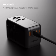 Momax หัวชาร์จ+หัวแปลงปลั๊กไฟ รุ่น 1-World Travel Adapter 4-Port กำลังไฟ 140W ชาร์จไว GaN + สาย USB-C to C 140W (ยาว 1m) - สี Black