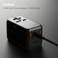 Momax หัวชาร์จ+หัวแปลงปลั๊กไฟ รุ่น 1-World Travel Adapter 4-Port กำลังไฟ 140W ชาร์จไว GaN + สาย USB-C to C 140W (ยาว 1m) - สี Black
