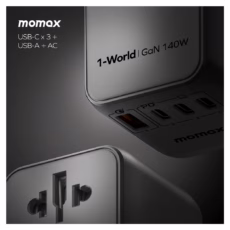 Momax หัวชาร์จ+หัวแปลงปลั๊กไฟ รุ่น 1-World Travel Adapter 4-Port กำลังไฟ 140W ชาร์จไว GaN + สาย USB-C to C 140W (ยาว 1m) - สี Black