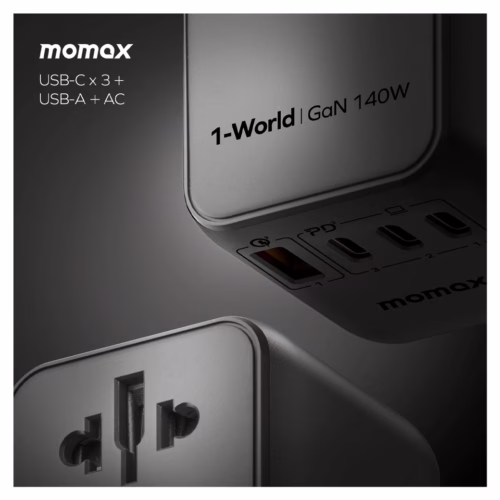 Momax หัวชาร์จ+หัวแปลงปลั๊กไฟ รุ่น 1-World Travel Adapter 4-Port กำลังไฟ 140W ชาร์จไว GaN + สาย USB-C to C 140W (ยาว 1m) - สี Black