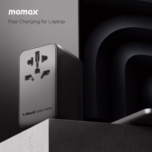 Momax หัวชาร์จ+หัวแปลงปลั๊กไฟ รุ่น 1-World Travel Adapter 4-Port กำลังไฟ 140W ชาร์จไว GaN + สาย USB-C to C 140W (ยาว 1m) - สี Black