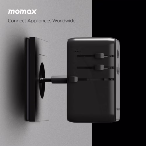 Momax หัวชาร์จ+หัวแปลงปลั๊กไฟ รุ่น 1-World Travel Adapter 4-Port กำลังไฟ 140W ชาร์จไว GaN + สาย USB-C to C 140W (ยาว 1m) - สี Black