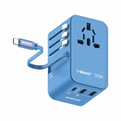 Momax หัวชาร์จ+หัวแปลงปลั๊กไฟ รุ่น 1-World Travel Adapter 3-Port กำลังไฟ 70W ชาร์จไว GaN พร้อมสาย USB-C ในตัว - สี Blue
