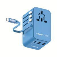 Momax หัวชาร์จ+หัวแปลงปลั๊กไฟ รุ่น 1-World Travel Adapter 3-Port กำลังไฟ 70W ชาร์จไว GaN พร้อมสาย USB-C ในตัว - สี Blue