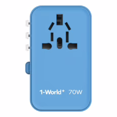 Momax หัวชาร์จ+หัวแปลงปลั๊กไฟ รุ่น 1-World Travel Adapter 3-Port กำลังไฟ 70W ชาร์จไว GaN พร้อมสาย USB-C ในตัว - สี Blue