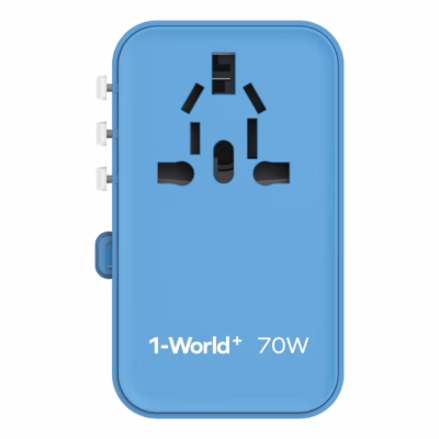 Momax หัวชาร์จ+หัวแปลงปลั๊กไฟ รุ่น 1-World Travel Adapter 3-Port กำลังไฟ 70W ชาร์จไว GaN พร้อมสาย USB-C ในตัว - สี Blue